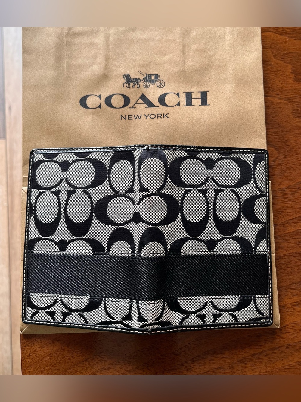 Coach Signature Black/Grey Passport holder! Organize passport,travel docs,cards